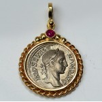 Ancient Roman Silver Denarius Severus Alexander 222-235 A.D. 14kt Gold Pendant